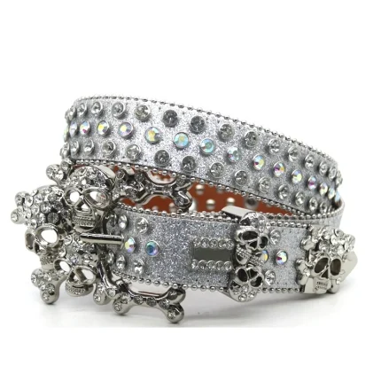 PU Belt Western Luxury Women's Belt Button Head Fashion Trend Women's Belt Crystal Rhinestone Head Silver Flash Alloy Skull